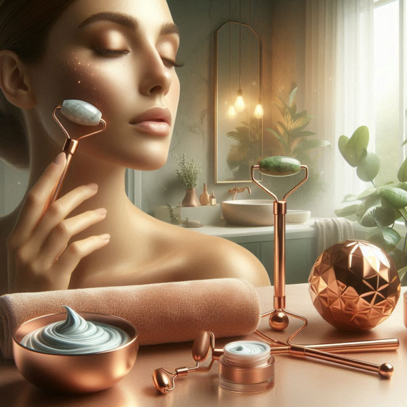 "Person applying a copper-infused skincare product in a serene bathroom. Copper beauty tools, like a jade roller and facial massage tool, are placed on the countertop, highlighting the benefits of copper for healthy skin and connective tissue."