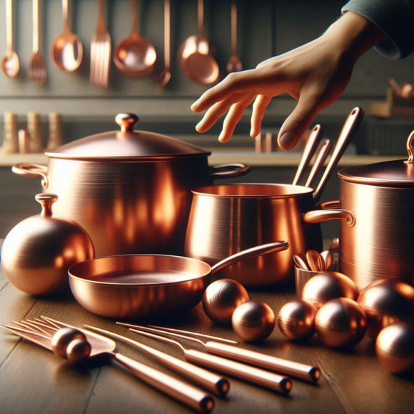 collection of copper cookware,