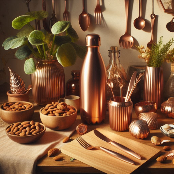 "Wooden kitchen table with a selection of copper-rich foods including almonds, shellfish, and leafy greens. A copper water bottle and copper utensils are placed on the table, showcasing how integrating these items into daily life can enhance health and well-being."