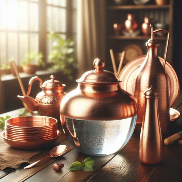 A serene kitchen scene with a pure copper vessel filled with water, a copper thali set, and a copper water bottle on a wooden countertop, bathed in warm sunlight.