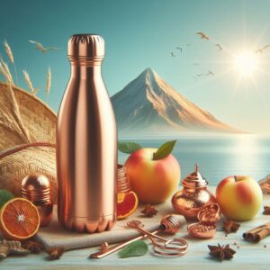 Copper bottles for summer hydration on a table with refreshing water